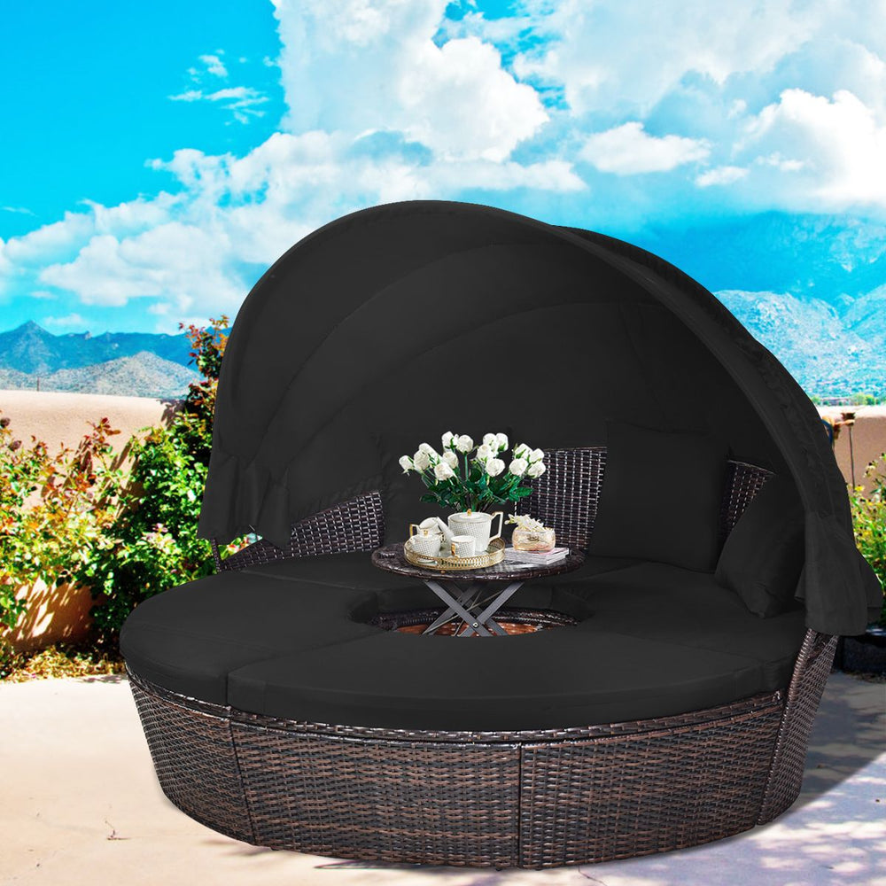 Lit de Jardin Rond d'Exterieur Table Relevable Modulable & Convertible - Pare Soleil Réglable rotin PE Coussins Inclus Noir