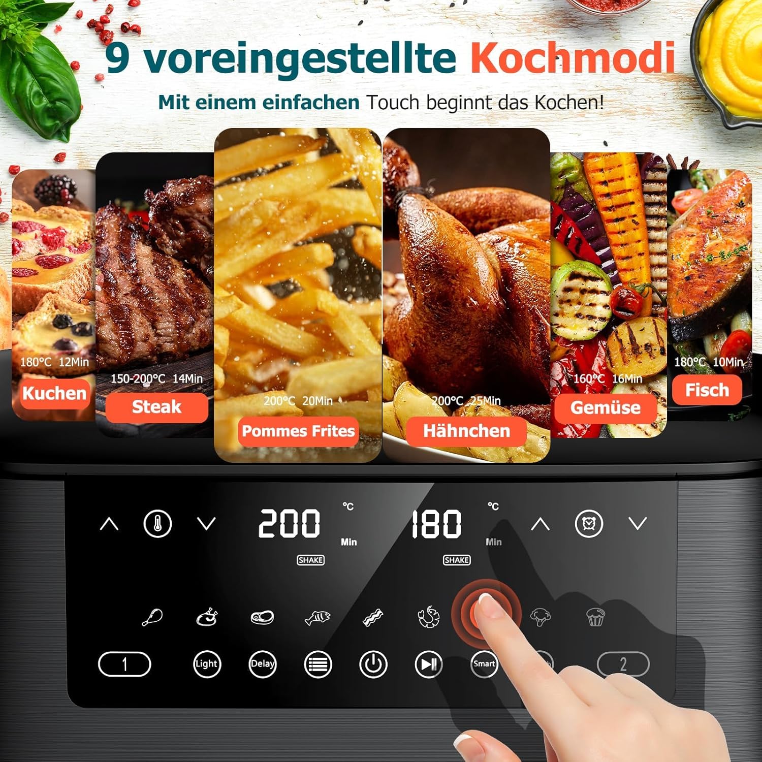 9L Dual Zone Air Fryer avec Fenêtre de Visualisation, Friteuse sans Huile avec 2 Tiroir, 9-in-1 Programmes de Cuisson, Écran Tactile, Fonction Rendez-vous, Faible en Grasses, Va au Lave-vaisselle