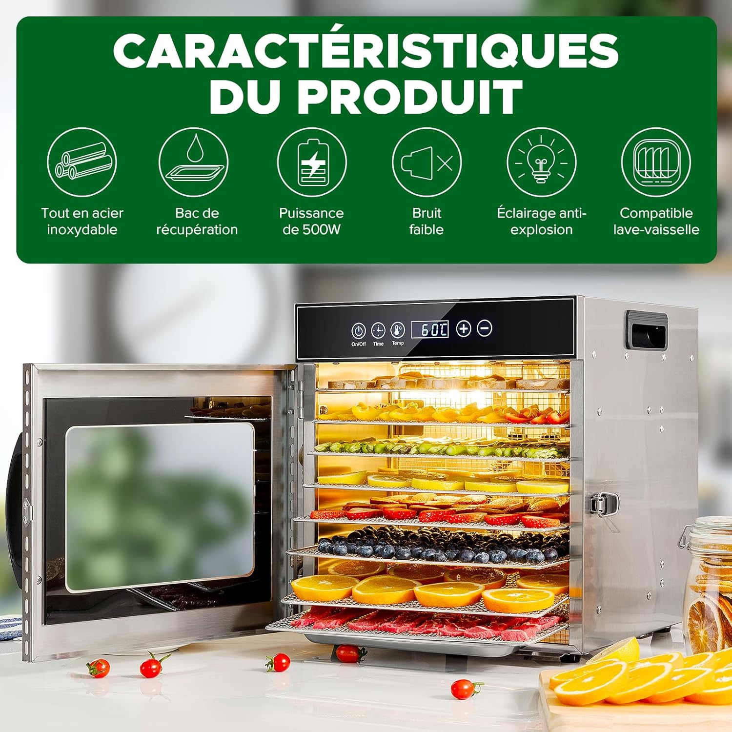 Kwasyo Food Dehydrator, 10 Trays • Desiccator with Timer (24H) • Fruit and Vegetable Dehydrator Adjustable Temperature (30 to 90°C) + 1 x Recipe Book