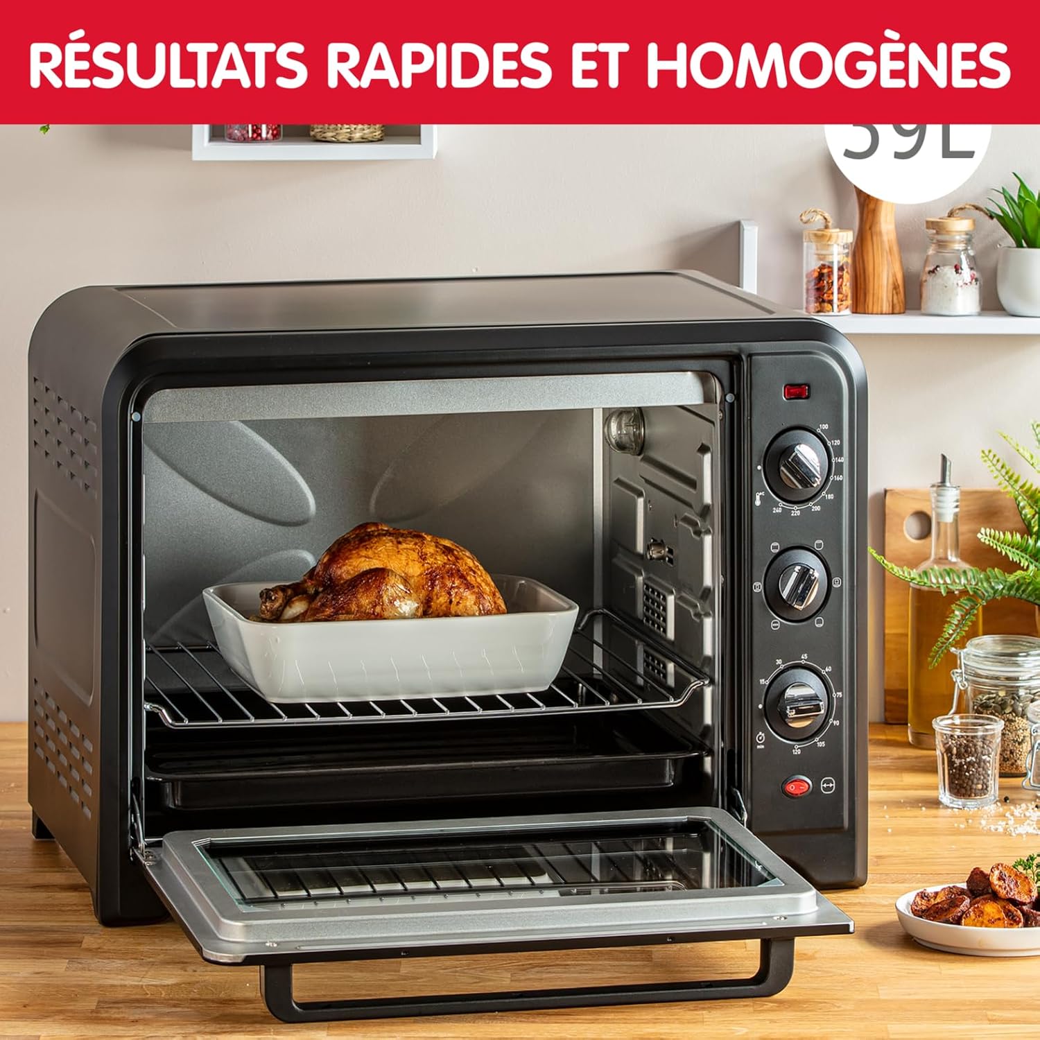 Moulinex Oven, 33 L, Rotating heat, Advanced convection, 6 cooking modes, Thermostat adjustable up to 240°C, Timer 120 min, Reversible grill, Silicone oven mitts, Optimo Black OX464811