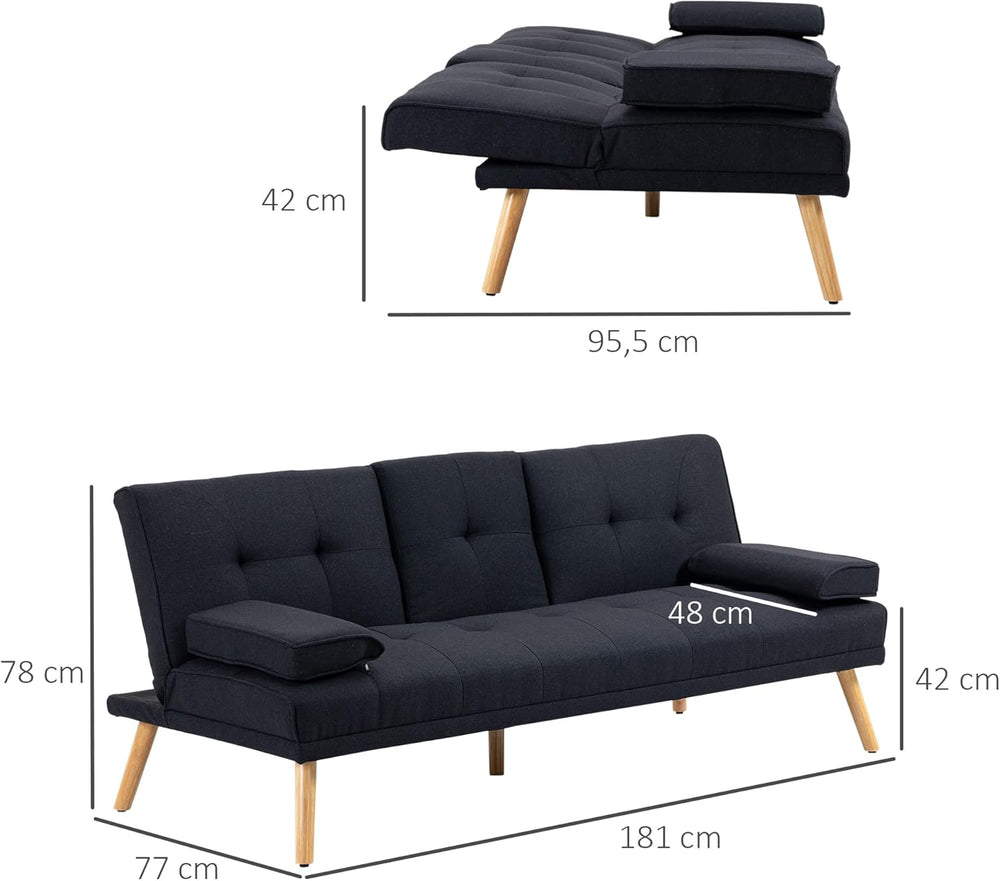 HOMCOM Canapé Convertible 3 Places Design scandinave Inclinaison Dossier réglable 3 Niveaux Dossier Centrale Rabattable 2 Porte-Verres Bois Massif Lin Gris