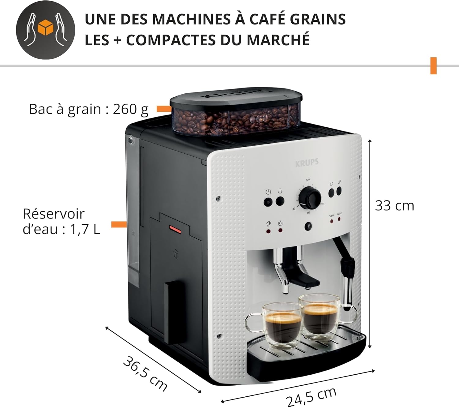 Krups Coffee Bean Machine, 1.7 L, 2 Cups Simultaneously, Automatic Cleaning, Steam Nozzle for Cappuccino, Espresso Maker, Essential Black YY8125FD