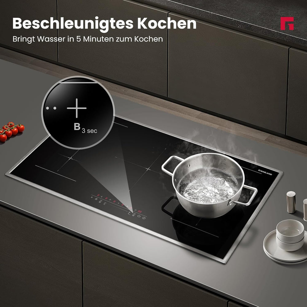 GASLAND IH905BFB Plaque de Cuisson Induction encastrable 90 cm, 5 foyers avec cadre en inox, zone spéciale BBQ, PowerBoost, 10000W (Poêle non incluse)