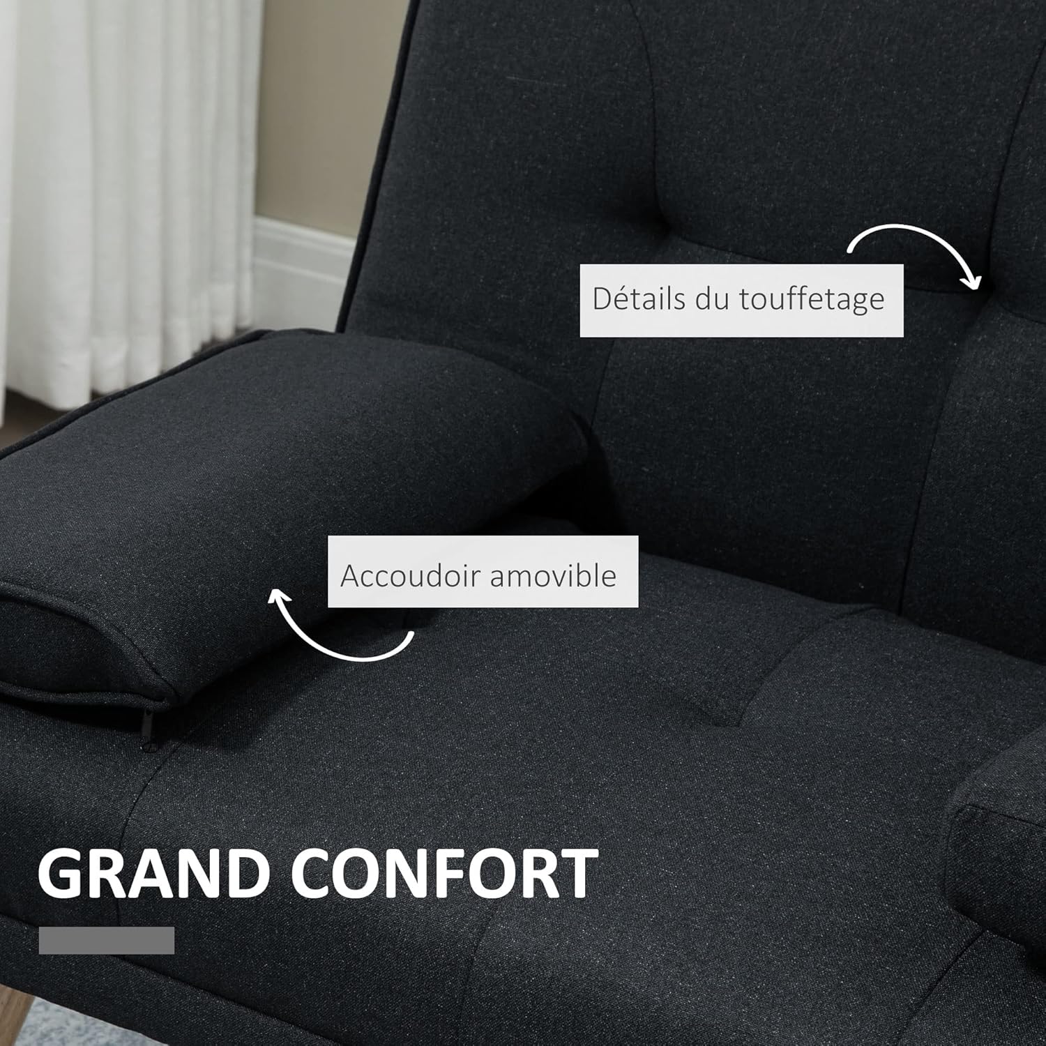 HOMCOM Canapé Convertible 3 Places Design scandinave Inclinaison Dossier réglable 3 Niveaux Dossier Centrale Rabattable 2 Porte-Verres Bois Massif Lin Gris