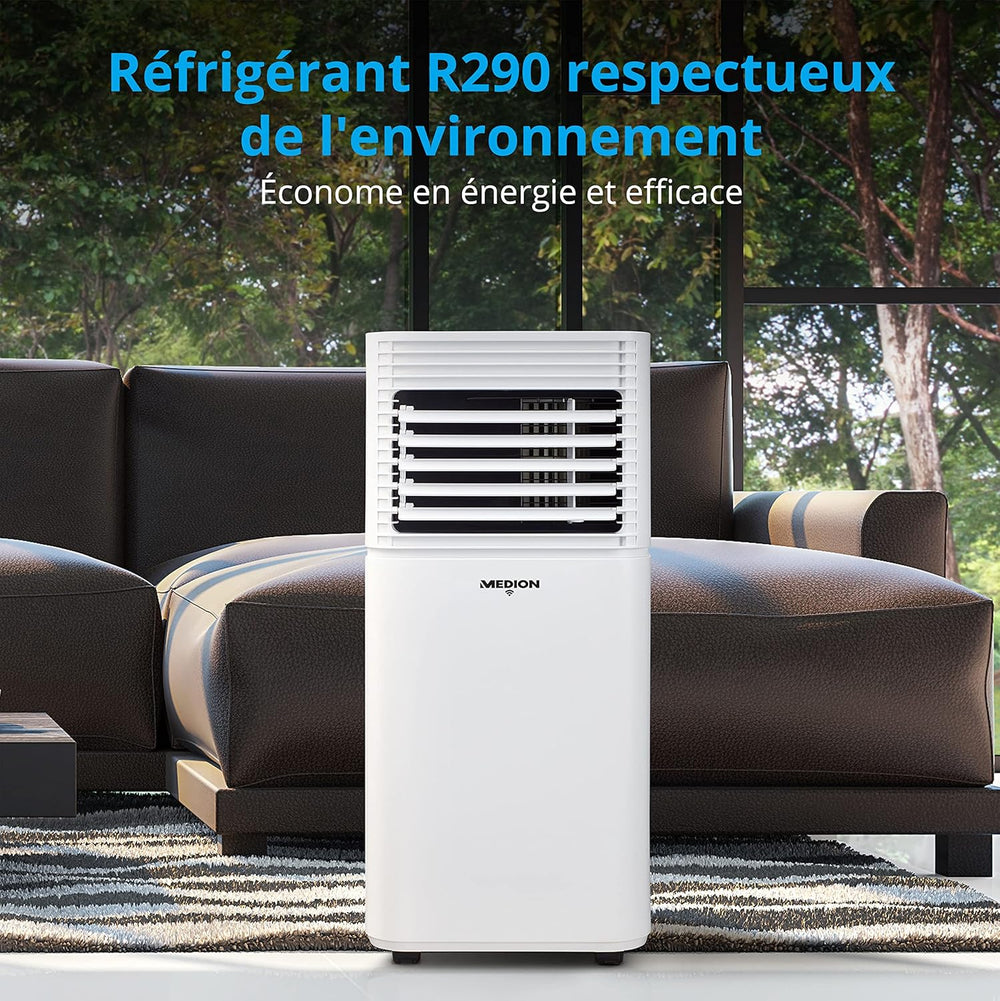 MEDION Smart Climatiseur Mobile P1002 (10000 BTU, 3-en-1, Refroidir, Déshumidification, Ventilation, jusqu'à 34m², kit de joint de fenêtre, mode sommeil, contrôle Wifi, Télécommande, Écran, MD 37733)
