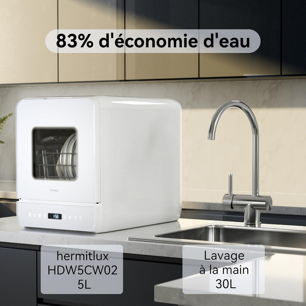 Hermitlux Mini lave-vaisselle de table, 6+1 Programmes de lavage, 5 Couverts et réservoir d'eau de 5L