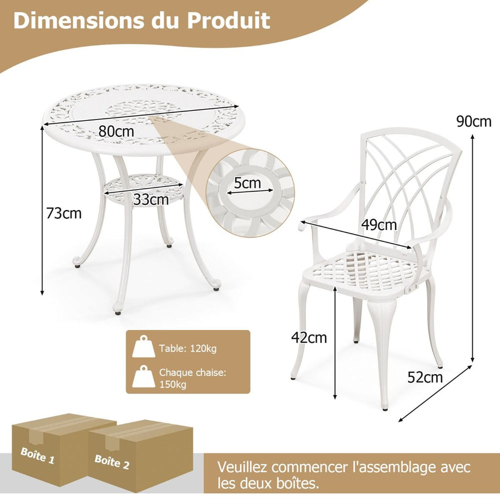 5 Pcs Salon de Jardin en Fonte d'Aluminium Trou pour Parasol Repose-pieds Réglables Ensemble de Table Ronde et 4 Chaises Blanc