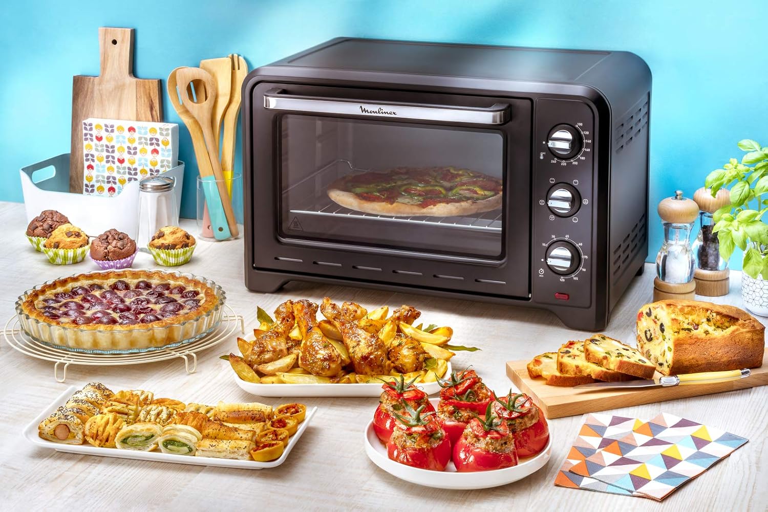 Moulinex Four électrique 39 L, 7 modes de cuisson, Chaleur tournante, Thermostat réglable jusqu’à 240° C, Tournebroche, Minuteur 120 min, Grille réversible, Optimo noir OX485810