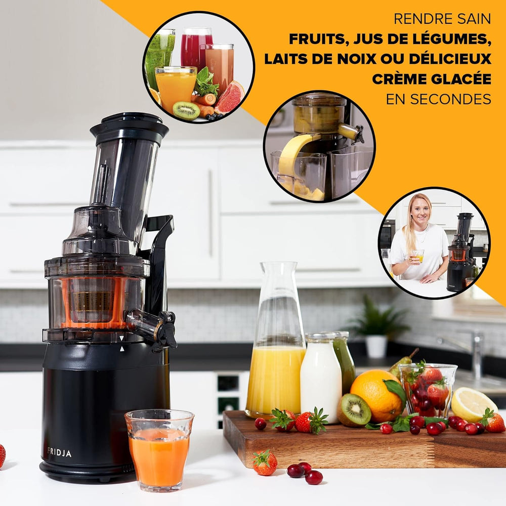 Slow Chewing, Slow Juicer, Fresh and Healthy Juice, Sorbet, Ice Cream, Mouth 75 mm, BPA Free, 240 Watts, Cold Pressure, Stainless Steel Black Fridja f1900
