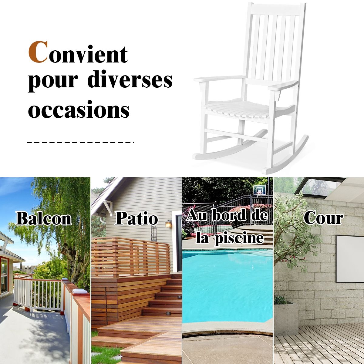 Fauteuil  Bascule en Bois d'Acacia Chaise Berante pour Jardin Pelouse Balcon Blanc -