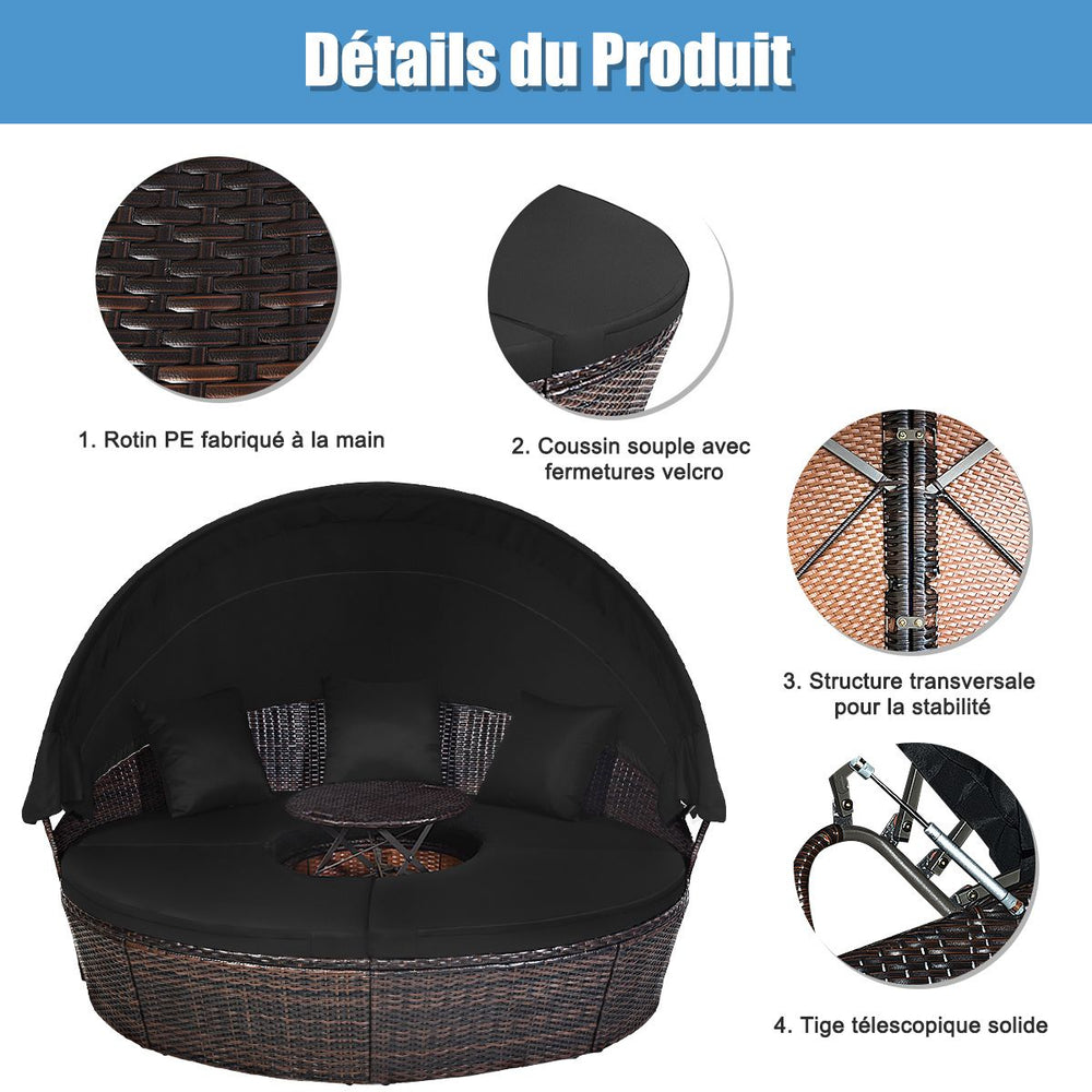 Lit de Jardin Rond d'Exterieur Table Relevable Modulable & Convertible - Pare Soleil Réglable rotin PE Coussins Inclus Noir