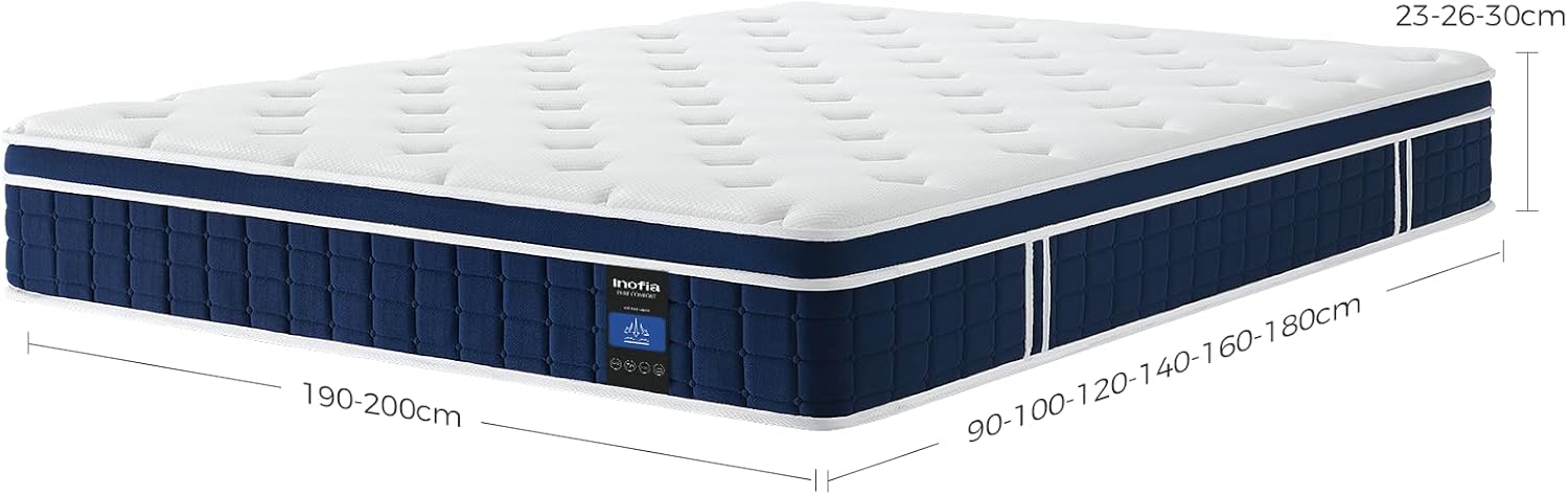 Inofia Ace Hybrid Firm Mattress 140 x 200 cm H4 Firm Mattress with Breathable Memory Foam and Independent Bagged Springs, 7 Ergonomic Zones, Extra Comfort for Adults and Children
