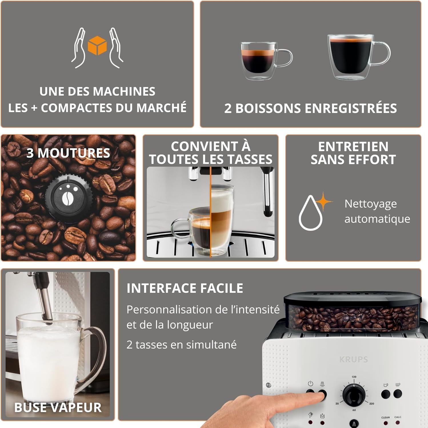 Krups Coffee Bean Machine, 1.7 L, 2 Cups Simultaneously, Automatic Cleaning, Steam Nozzle for Cappuccino, Espresso Maker, Essential Black YY8125FD
