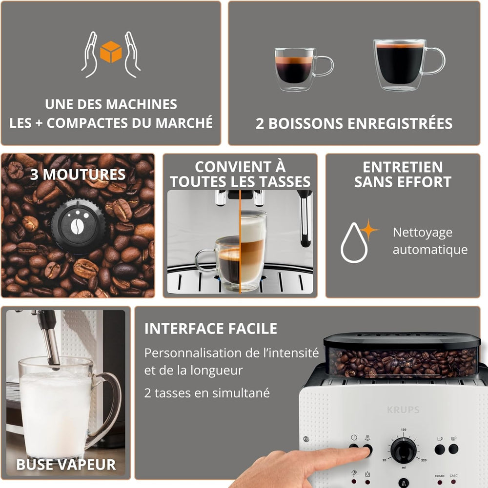Krups Coffee Bean Machine, 1.7 L, 2 Cups Simultaneously, Automatic Cleaning, Steam Nozzle for Cappuccino, Espresso Maker, Essential Black YY8125FD