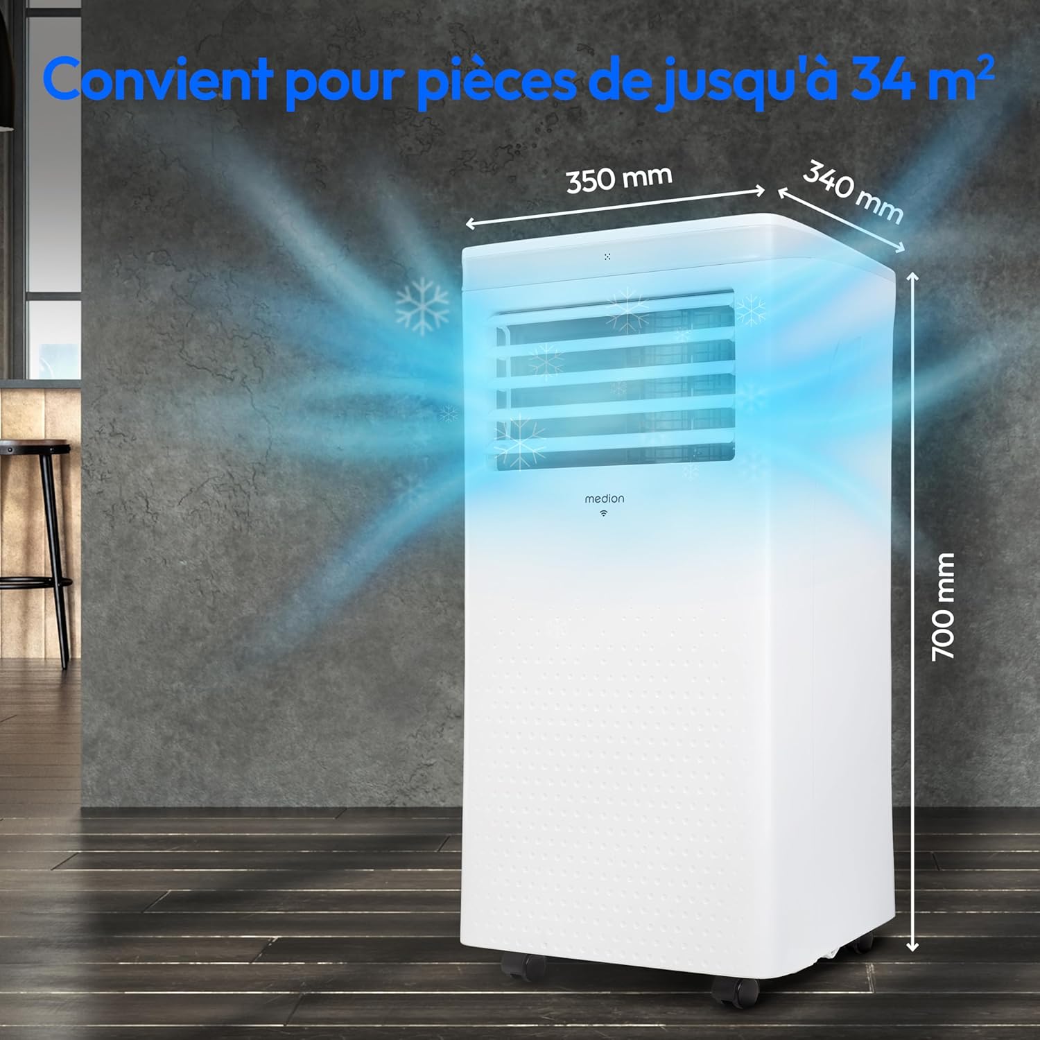 MEDION Smart Climatiseur Mobile P1002 (10000 BTU, 3-en-1, Refroidir, Déshumidification, Ventilation, jusqu'à 34m², kit de joint de fenêtre, mode sommeil, contrôle Wifi, Télécommande, Écran, MD 37733)