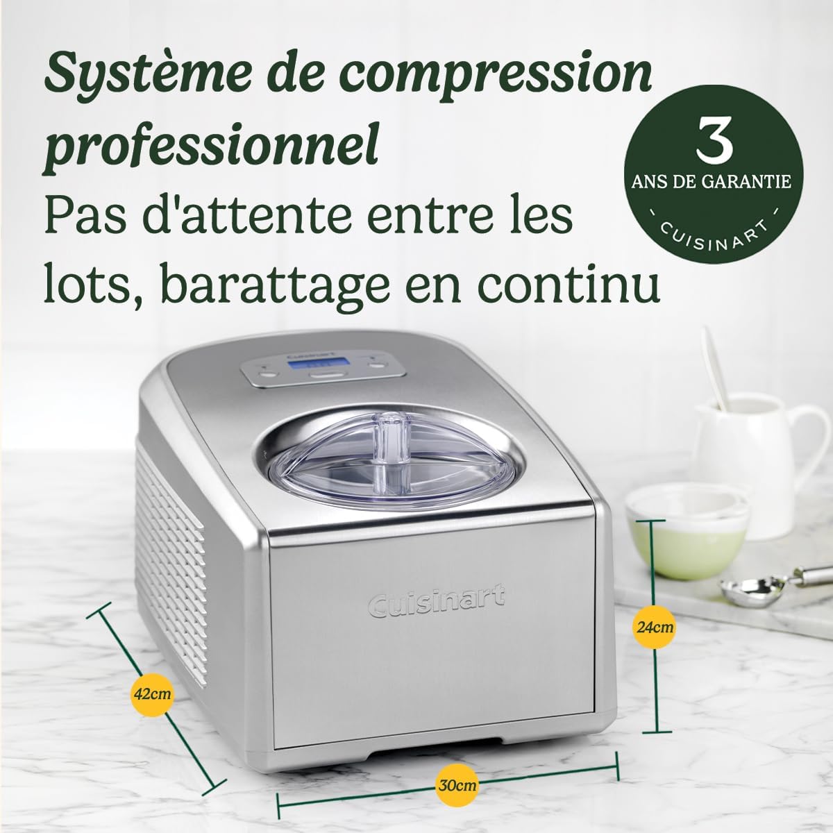 Cuisinart Sorbetière - Fait de la crème glacée, du gelato, du sorbet et du yogourt glacé en 40 minutes - Desserts maison - Facile à utiliser - Acier inoxydable - ICE100BCU