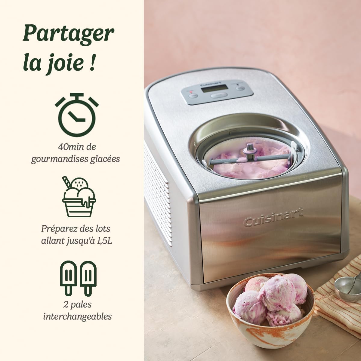 Cuisinart Sorbetière - Fait de la crème glacée, du gelato, du sorbet et du yogourt glacé en 40 minutes - Desserts maison - Facile à utiliser - Acier inoxydable - ICE100BCU