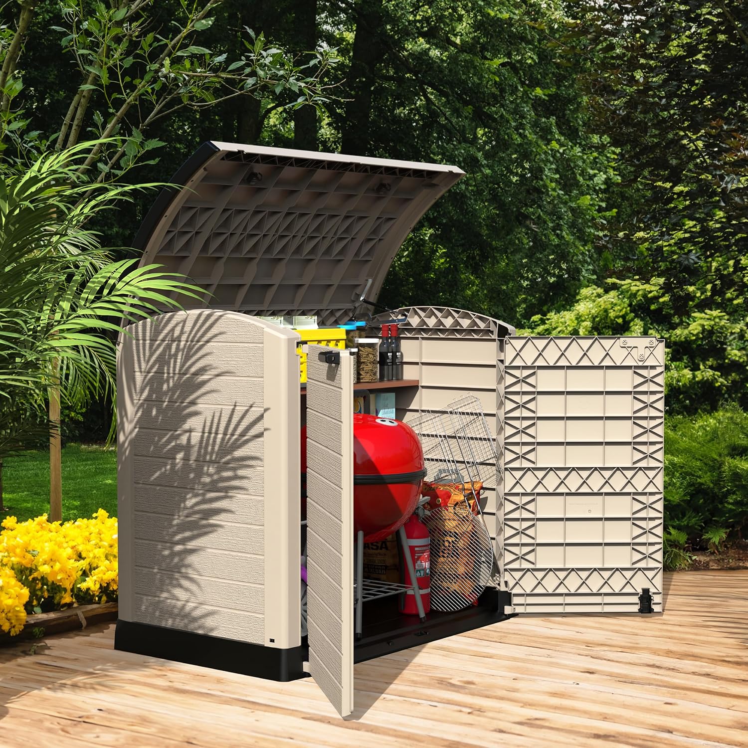 Duramax StoreAway 1200L Plastic Garden Shed/ Flat Lid, Outdoor Storage Shed, Wheelie Bin Hideaways, Wheelie bin box, Durable Construction, Ideal for Bikes, BBQs & 2x 240L Bins, 145x85x125 cm, Brown