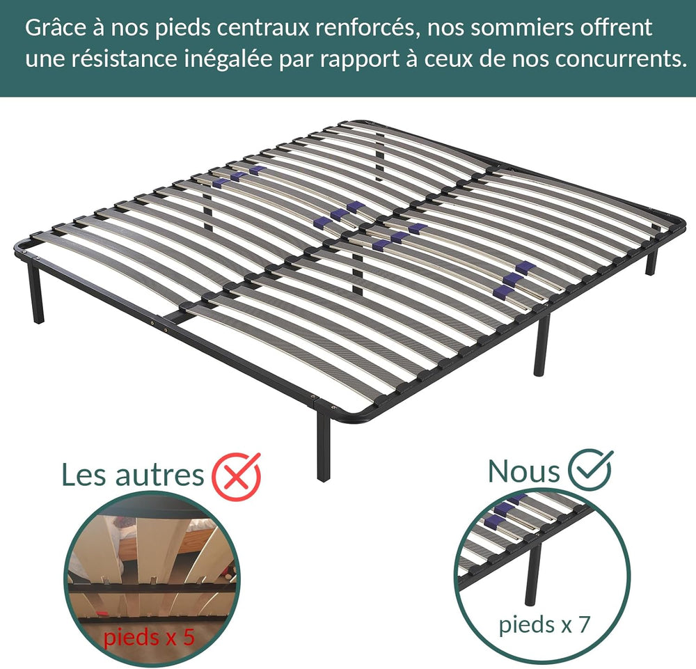 SAMPUR - Essential bed base 140 x 200 cm | Durable and comfortable | Feet included | Adjustable slats | Epoxy lacquered metal frame | Quick and easy assembly