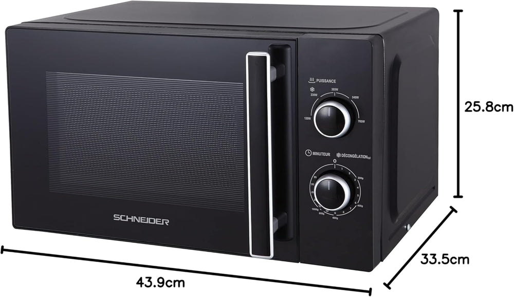 SCHNEIDER SCMW20SMB, Micro ondes solo, 20 litres, Fonction décongélation, 5 niveaux de puissance, Puissance (700W), Commande mécanique, Plateau tournant (25.5cm), Noir