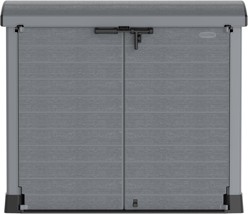 Duramax StoreAway 1200L Plastic Garden Shed/ Flat Lid, Outdoor Storage Shed, Wheelie Bin Hideaways, Wheelie bin box, Durable Construction, Ideal for Bikes, BBQs & 2x 240L Bins, 145x85x125 cm, Brown