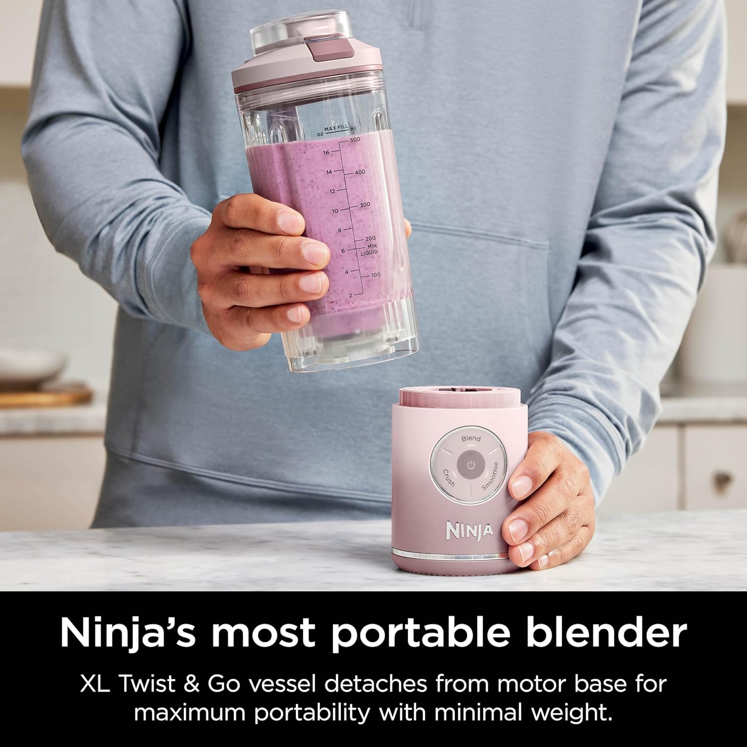 Ninja Blast Max, Portable Blender + Twist & Go, Personal Smoothie, Blend, Ice Crush, 3 Programs, Cordless, 22 oz removable Vessel, Dishwasher Safe, Leakproof, Pink, BC251PK