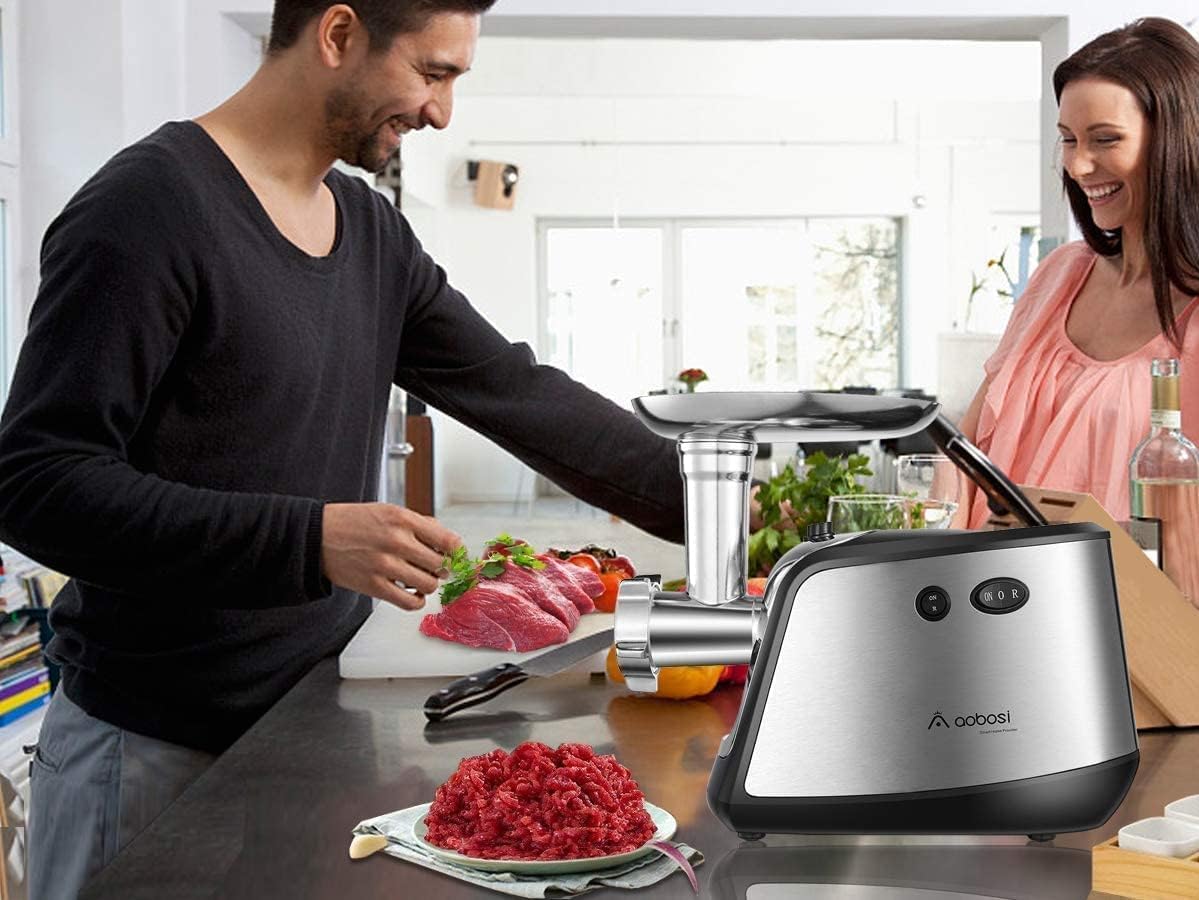 AOBOSI 4-in-1 Meat Grinder Electric Meat Grinder with 4 Stainless Steel Cutting Plates, 1 Kubbe and 3 Sausage Filling Tubes, Motor [3000w Max], Mincer with 2 Blades.