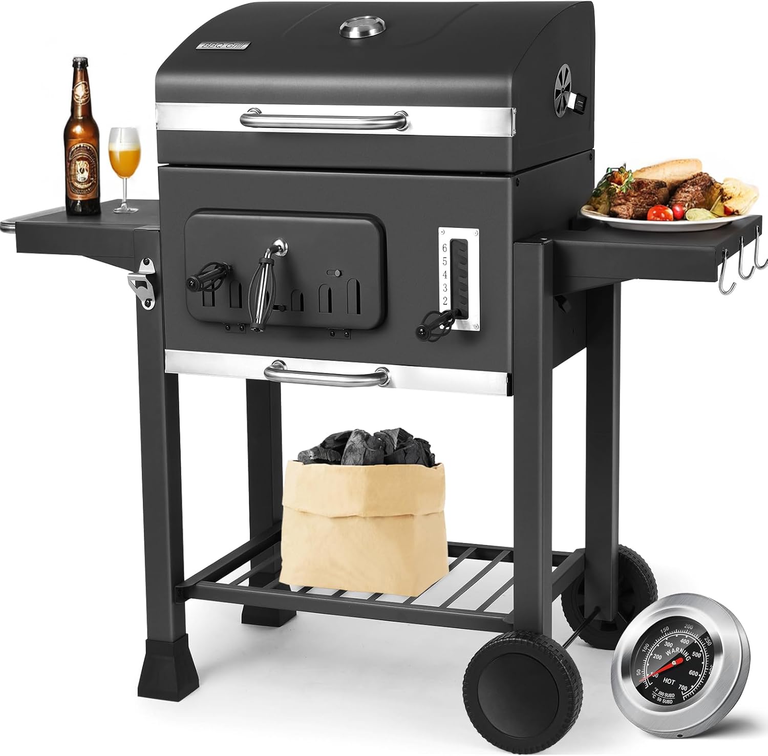 Barbecue Charbon de Bois XL, Chariot à Barbecue, Grill XL à Charbon avec Couvercle, Roues et Thermomètre, Réglable en Hauteur, Grand Barbecue au Charbon de Bois, pour Camping et Jardin, Noir