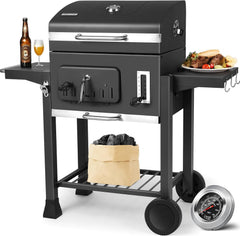 Barbecue Charbon de Bois XL, Chariot à Barbecue, Grill XL à Charbon avec Couvercle, Roues et Thermomètre, Réglable en Hauteur, Grand Barbecue au Charbon de Bois, pour Camping et Jardin, Noir