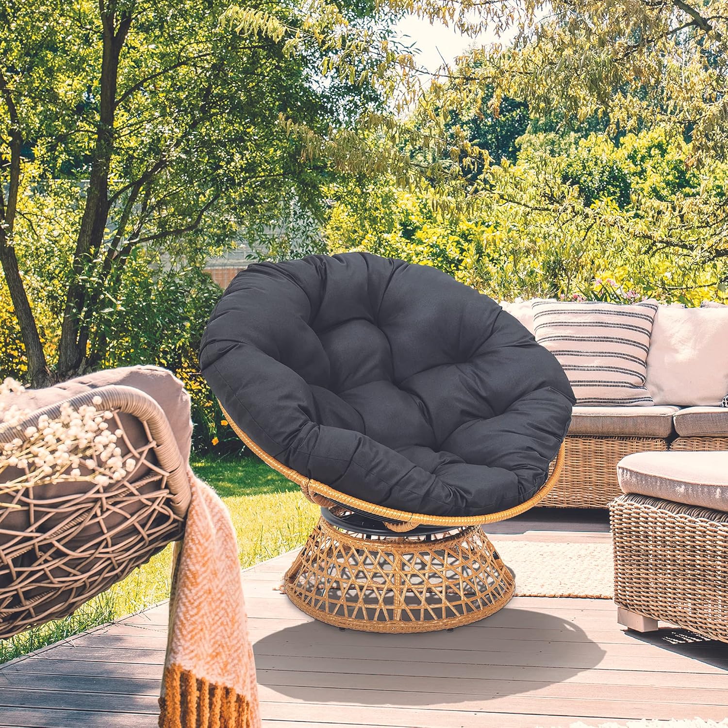 HOME DECO FACTORY, Fauteuil Pivotant Extérieur, Chaise Relax Ronde, 1 Place Pivotant à 360°, Coussin Épais Grand Confort Inclus, Mobilier de Jardin pour Amenagement Balcon Terrasse Salon de Jardin