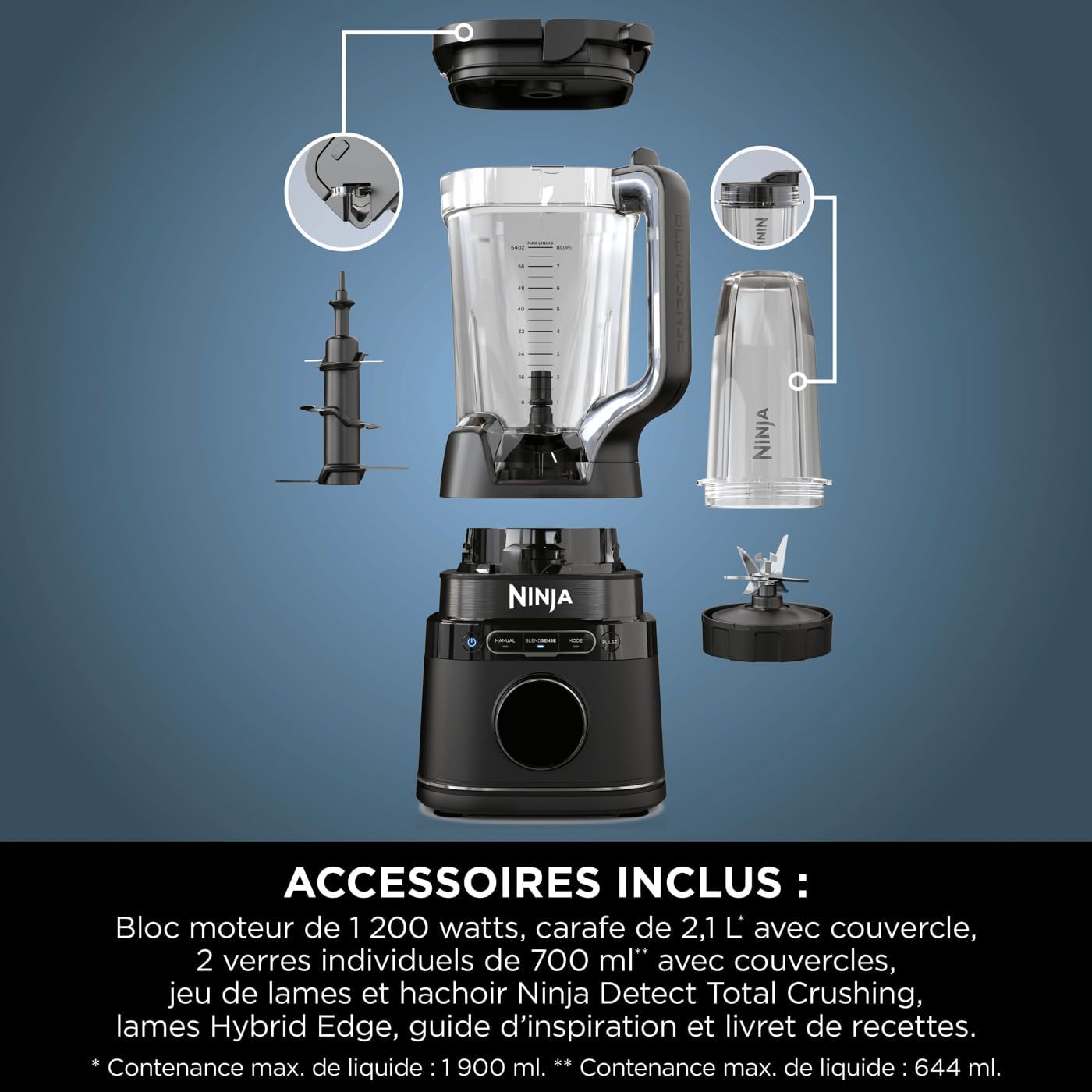 Ninja Detect Power Blender Processor Pro 3-in-1, Blender 1200W, Mixing Bowl, Blender Blade, Individual Cup, Container, Knead, Blender, Chopping & Mixing, Black, TB401EU