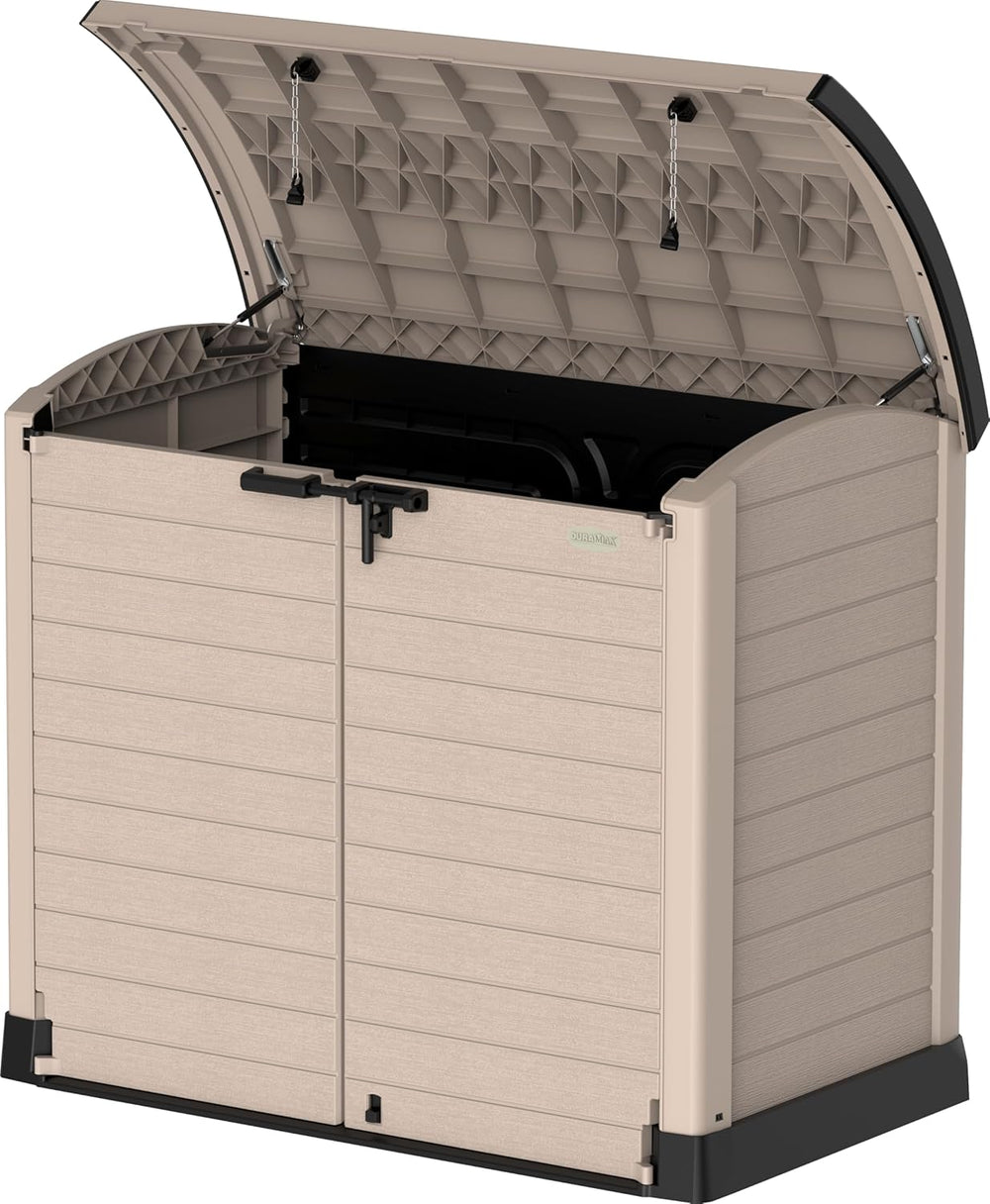Duramax StoreAway 1200L Plastic Garden Shed/ Flat Lid, Outdoor Storage Shed, Wheelie Bin Hideaways, Wheelie bin box, Durable Construction, Ideal for Bikes, BBQs & 2x 240L Bins, 145x85x125 cm, Brown