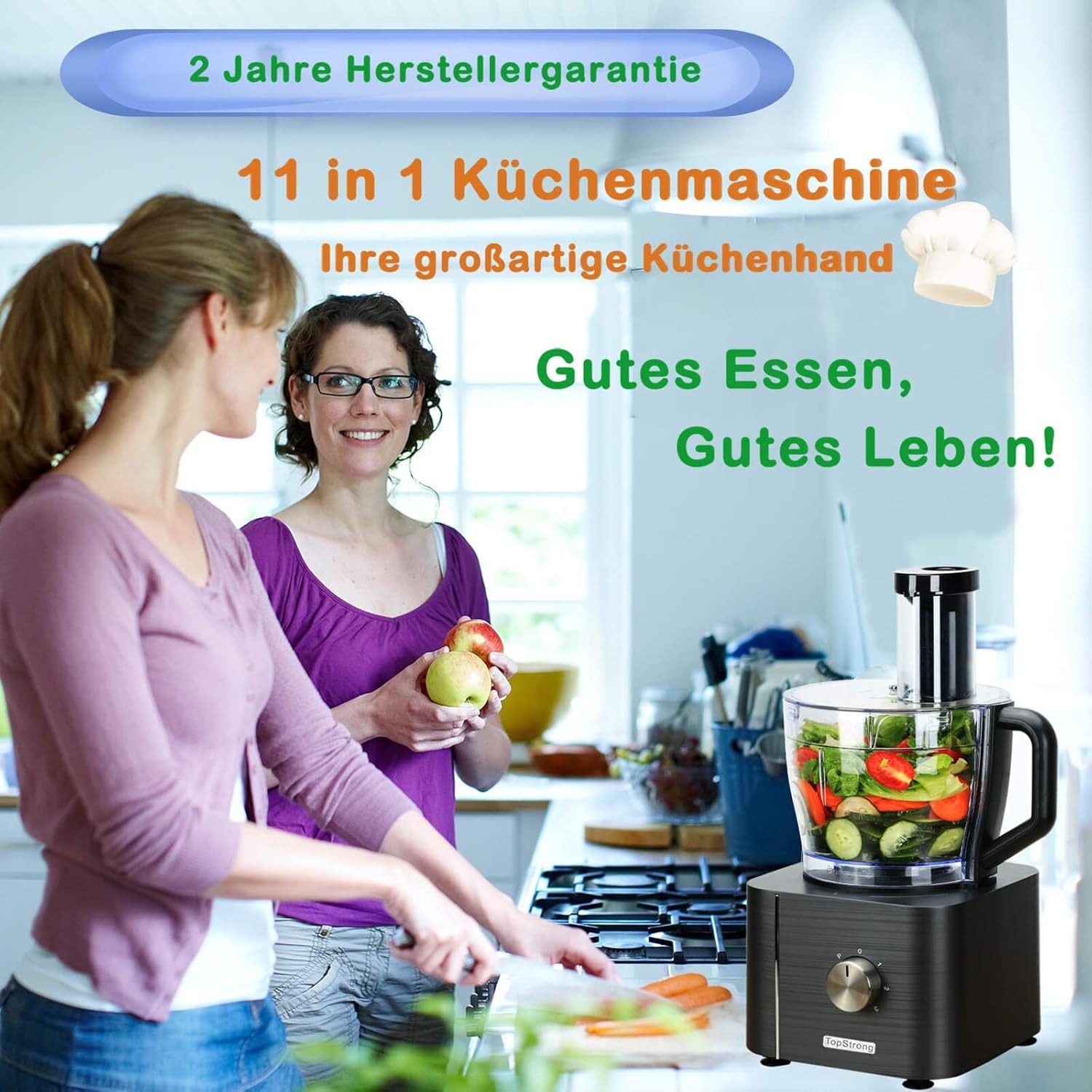 TopStrong Multifunctional Food Processor, 1100 W Multifunctional Food Processor, 11 in 1 Food Processor Included Chopper, Kneader Hook, Blender, Citrus Press and Coffee Grinder, 3.2L Bowl and 1.5L