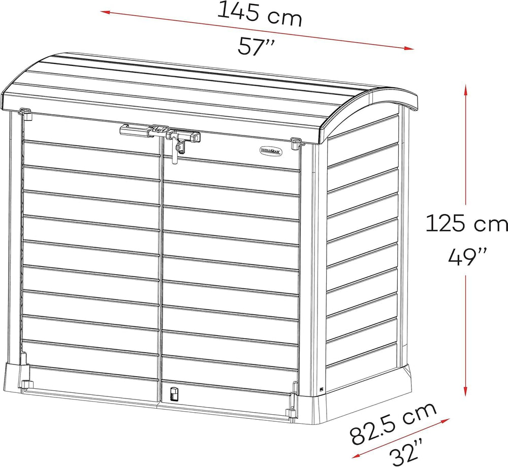Duramax StoreAway 1200L Plastic Garden Shed/ Flat Lid, Outdoor Storage Shed, Wheelie Bin Hideaways, Wheelie bin box, Durable Construction, Ideal for Bikes, BBQs & 2x 240L Bins, 145x85x125 cm, Brown