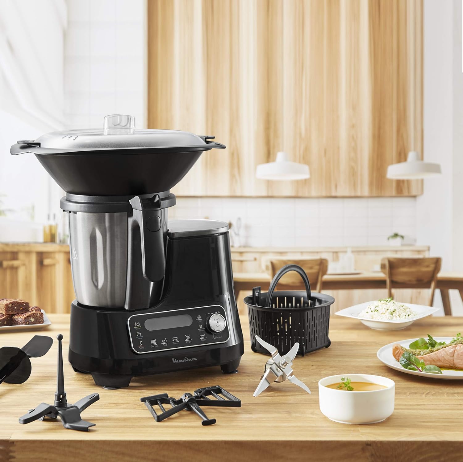 Moulinex Clickchef Compact Multi-Function Cooker, 3.6 L, 1400 W, 5 Programs, 32 Functions, Built-in Kitchen Scale, Steamer, Mixer HF456810 [Control Screen]