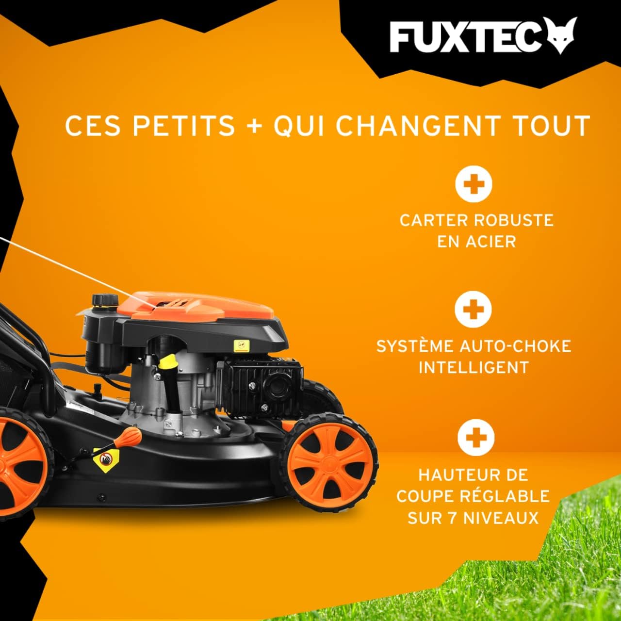 FUXTEC Tondeuse thermique pousse FX-RM4646ECO - Tres bon rapport qualit-prix - Easy Clean 3en1 largeur de coupe 46cm - bac de ramassage 50L