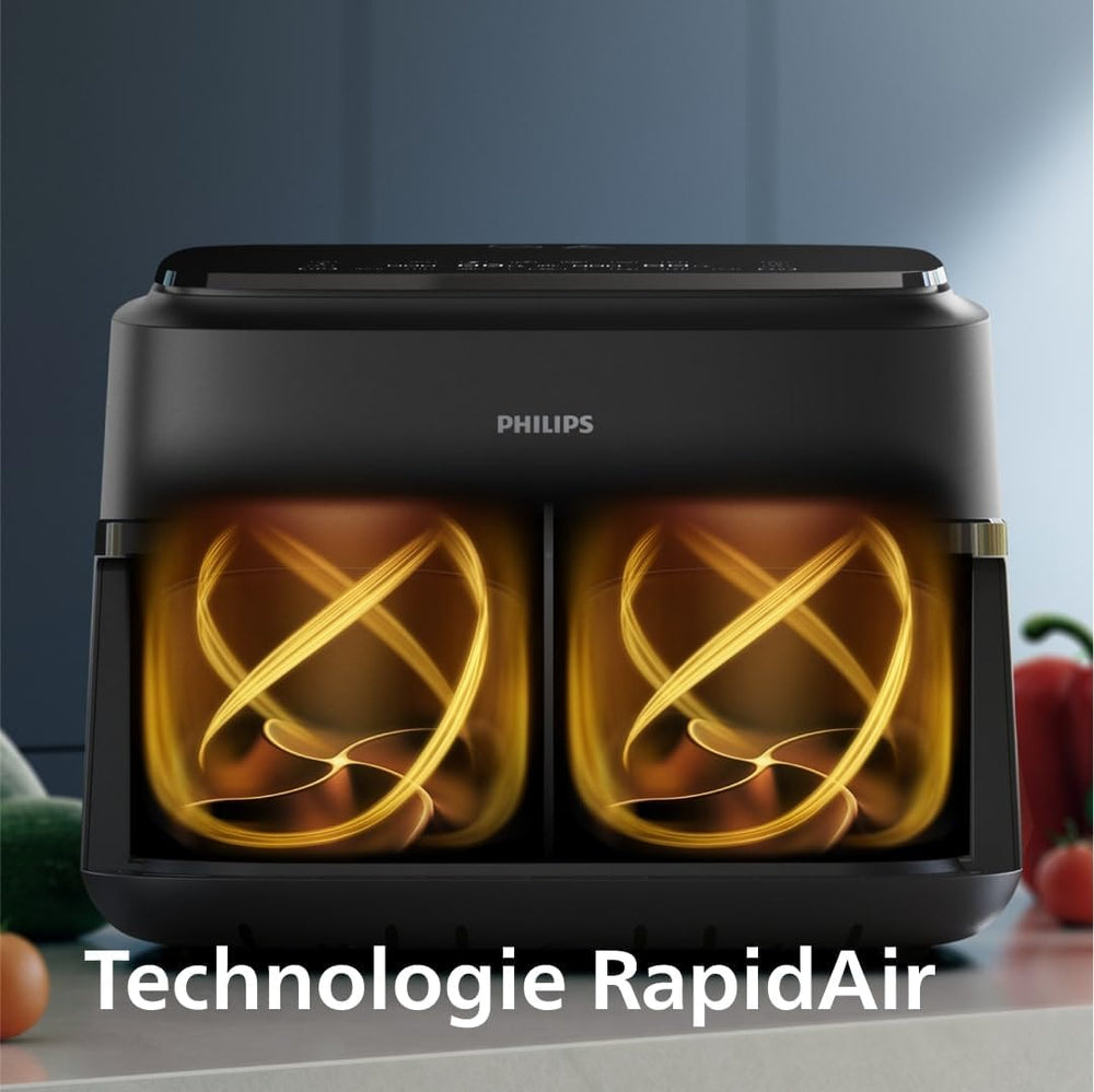Philips Air Fryer 3000 Series Double Basket - Healthy, Fast and Versatile Cooking, 9 Litre Capacity, Touch Screen, Two Drawer Design (NA350/00)