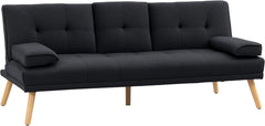 HOMCOM Canapé Convertible 3 Places Design scandinave Inclinaison Dossier réglable 3 Niveaux Dossier Centrale Rabattable 2 Porte-Verres Bois Massif Lin Gris