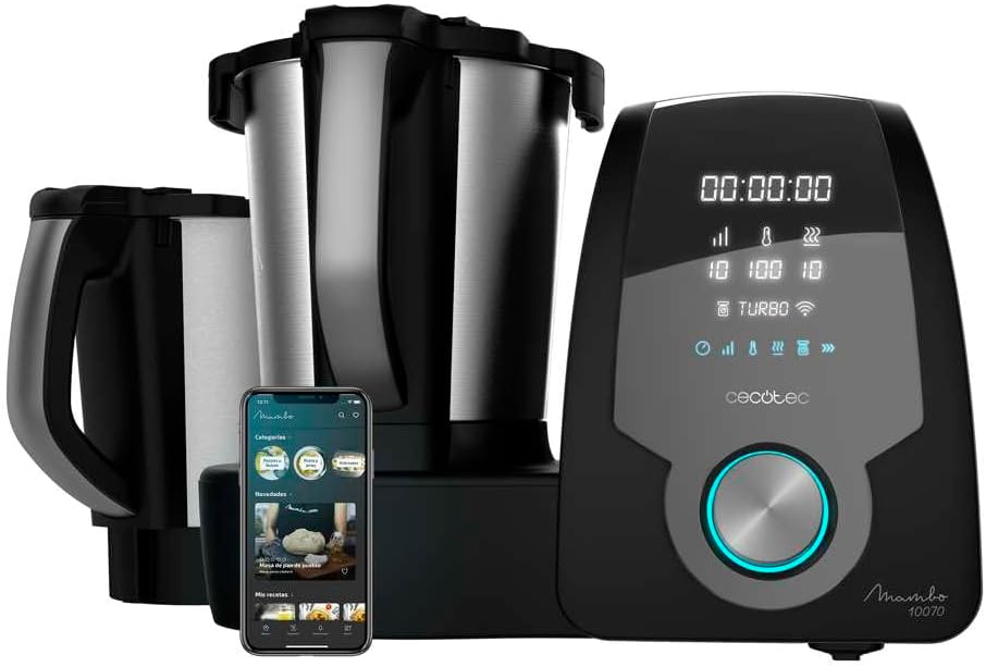 Cecotec Robot de Cuisine Mambo Black. 23 Fonctions, 10 Niveaux de Température, 1700W, 2,5 kg de Pâte, Cruche de 3,3L, 10 Vitesses, Minuterie, Température Réglable de 37 °C à 120 °C