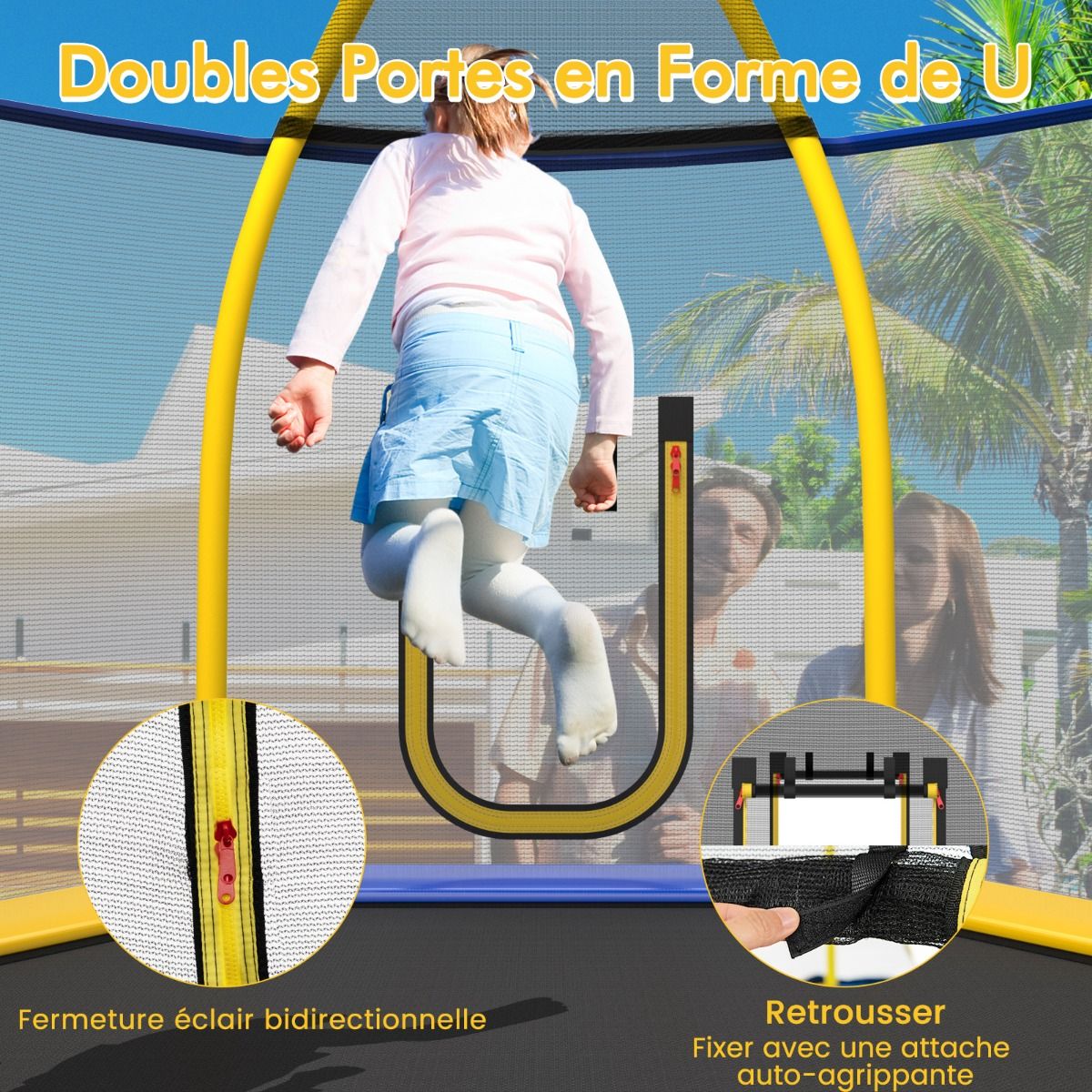 Trampoline Extérieur Ø 223cm avec Toboggan&Echelle avec Filet de Sécurité 2 Portes en U Charge 270kg pour 2-3 Enfants de 3 Ans+ Bleu/Vert