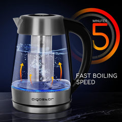 Aigostar Cris - Bouilloire en verre Température Réglable 2200W, 1.7L. Thermostat Réglable (60 à 100ºC) et fonction maintien au chaud, Filtre à thé amovible, éclairage LED de couleurs, Sans BPA.