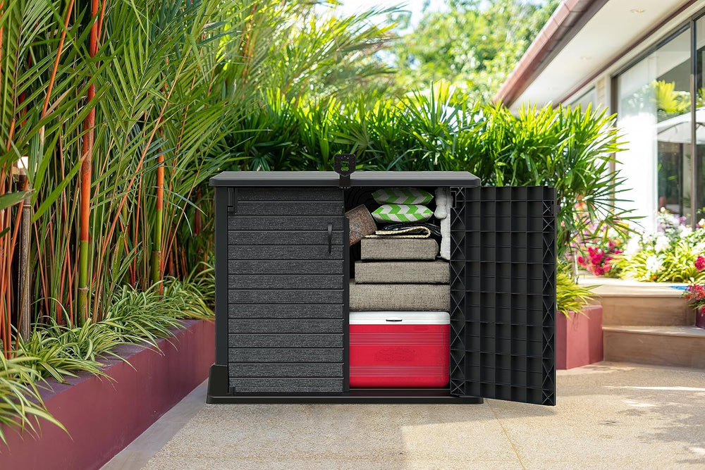 Duramax StoreAway 1200L Plastic Garden Shed/ Flat Lid, Outdoor Storage Shed, Wheelie Bin Hideaways, Wheelie bin box, Durable Construction, Ideal for Bikes, BBQs & 2x 240L Bins, 145x85x125 cm, Brown