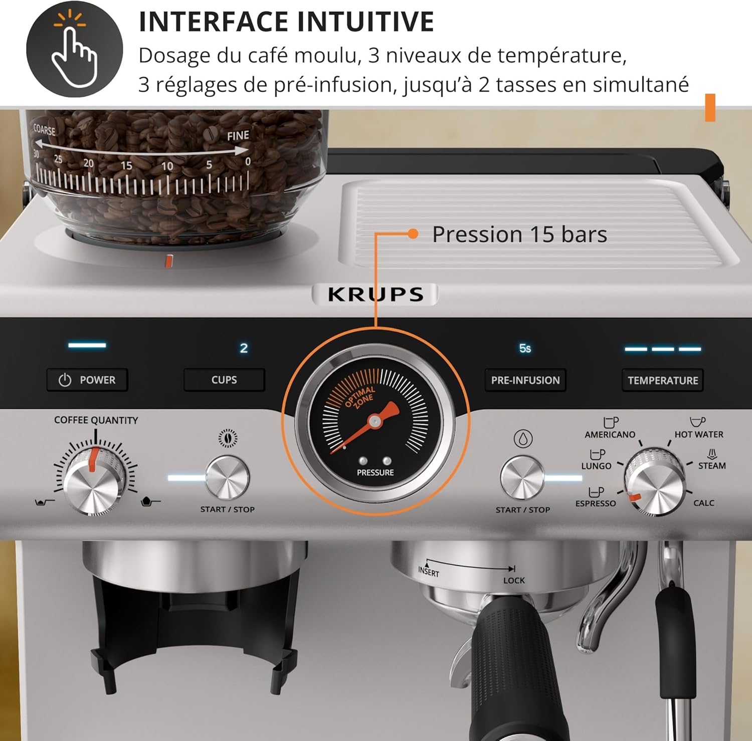 Krups Virtuoso+, Machine expresso, Machine a cafe à pompe, expresso machine a cafe moulu ou dosettes, 15 bars, Inox, Buse vapeur, Espresso et cappuccino, XP444G10