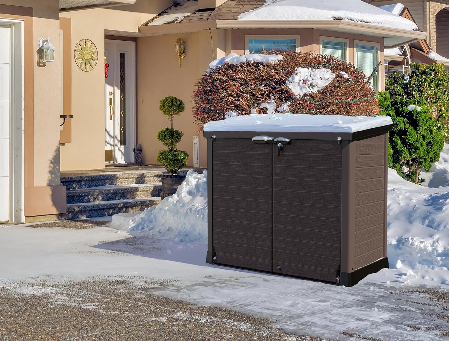 Duramax StoreAway 1200L Plastic Garden Shed/ Flat Lid, Outdoor Storage Shed, Wheelie Bin Hideaways, Wheelie bin box, Durable Construction, Ideal for Bikes, BBQs & 2x 240L Bins, 145x85x125 cm, Brown