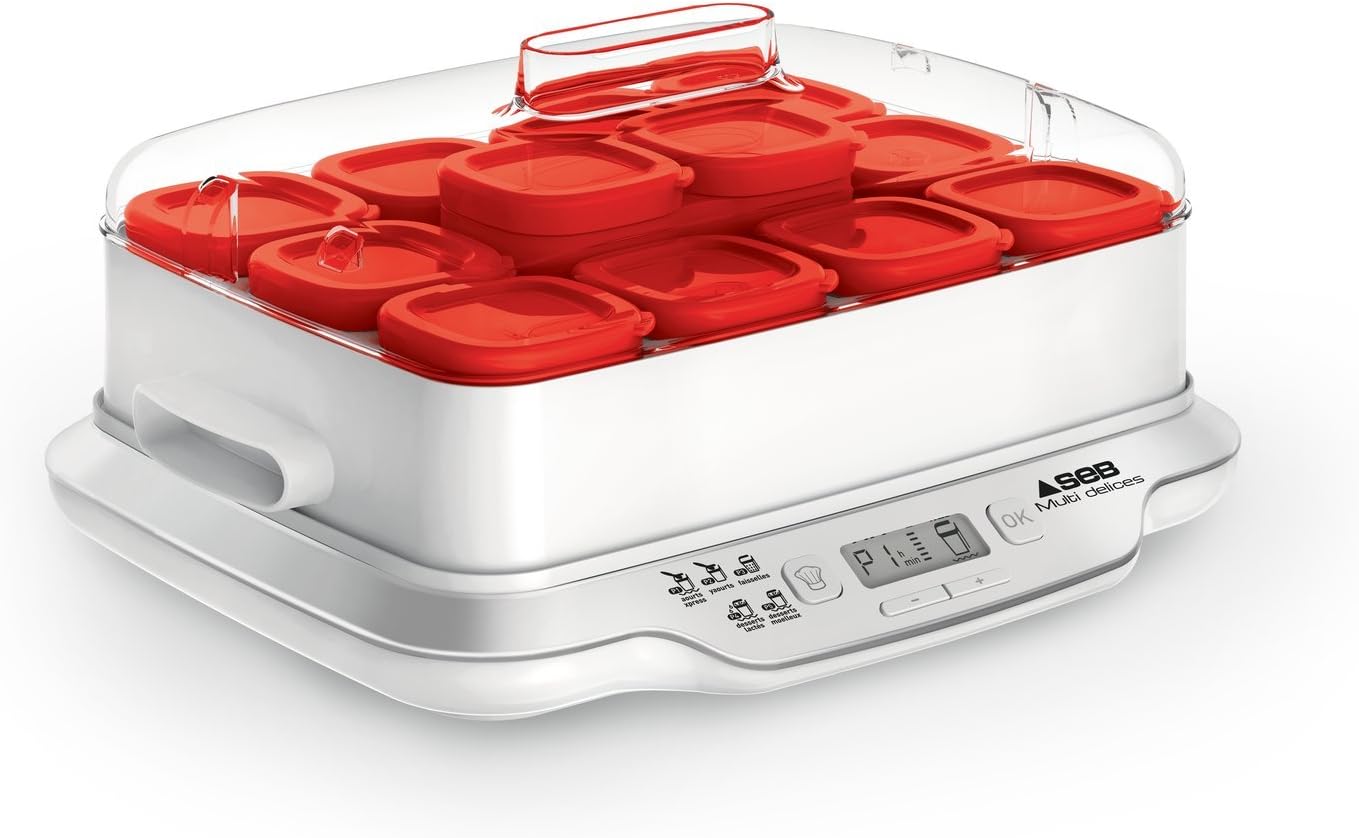 Seb Yogurt Maker 12 Jars, Glass Jars 140 ml, 5 Automatic Programs, BPA-Free, Compact, Homemade Yogurt & XF101001 Delices Box Box 1 L Tray White Yogurt-Cheese with Drainer