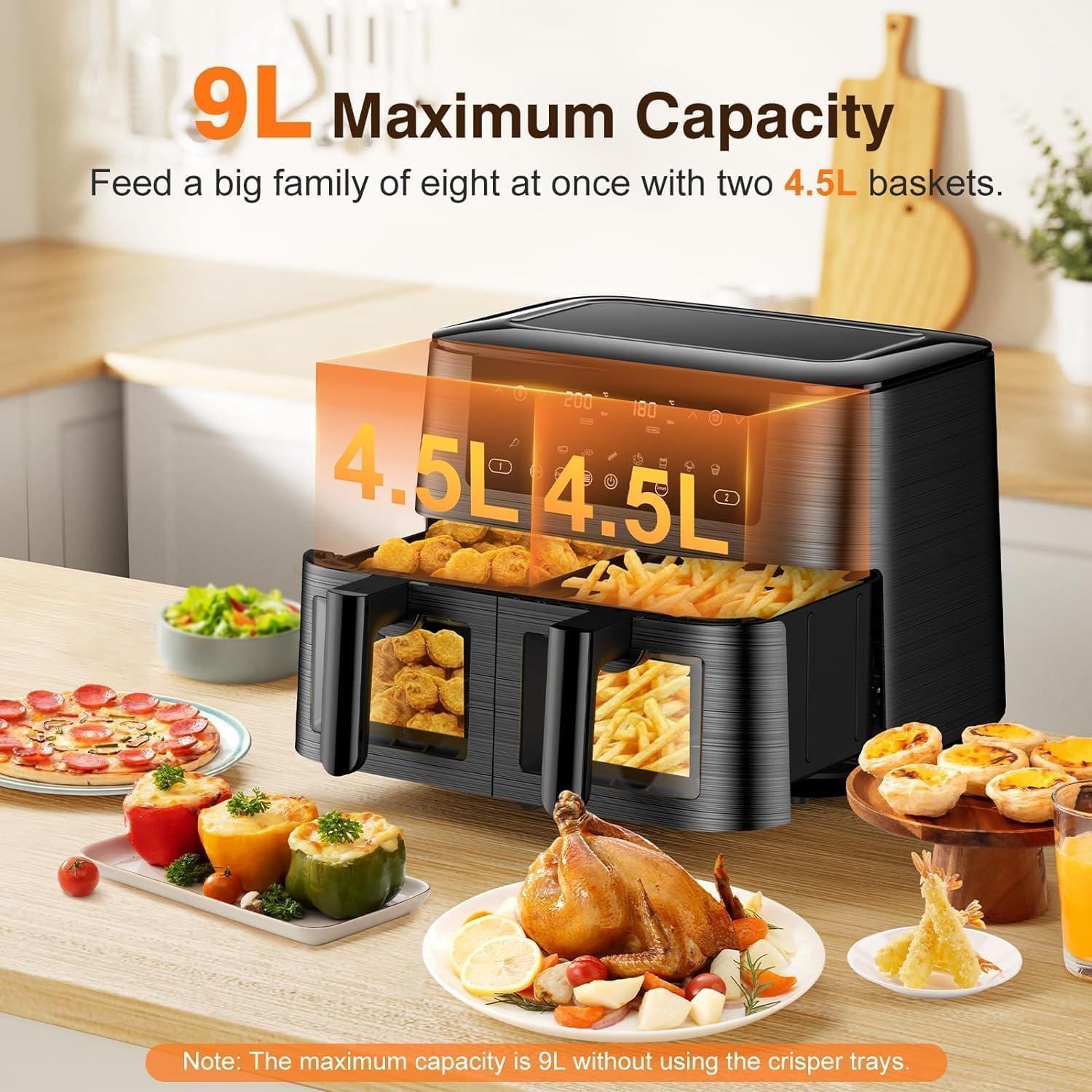 9L Dual Zone Air Fryer avec Fenêtre de Visualisation, Friteuse sans Huile avec 2 Tiroir, 9-in-1 Programmes de Cuisson, Écran Tactile, Fonction Rendez-vous, Faible en Grasses, Va au Lave-vaisselle