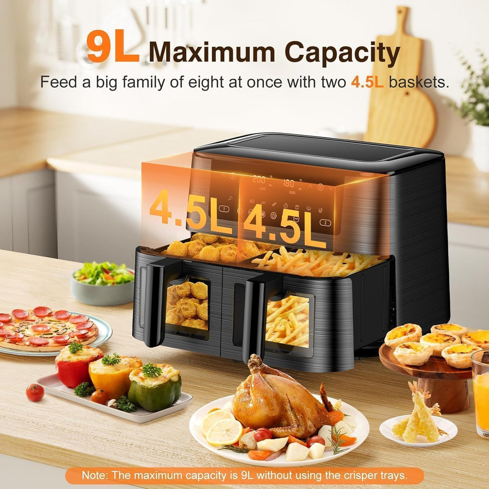 9L Dual Zone Air Fryer avec Fenêtre de Visualisation, Friteuse sans Huile avec 2 Tiroir, 9-in-1 Programmes de Cuisson, Écran Tactile, Fonction Rendez-vous, Faible en Grasses, Va au Lave-vaisselle