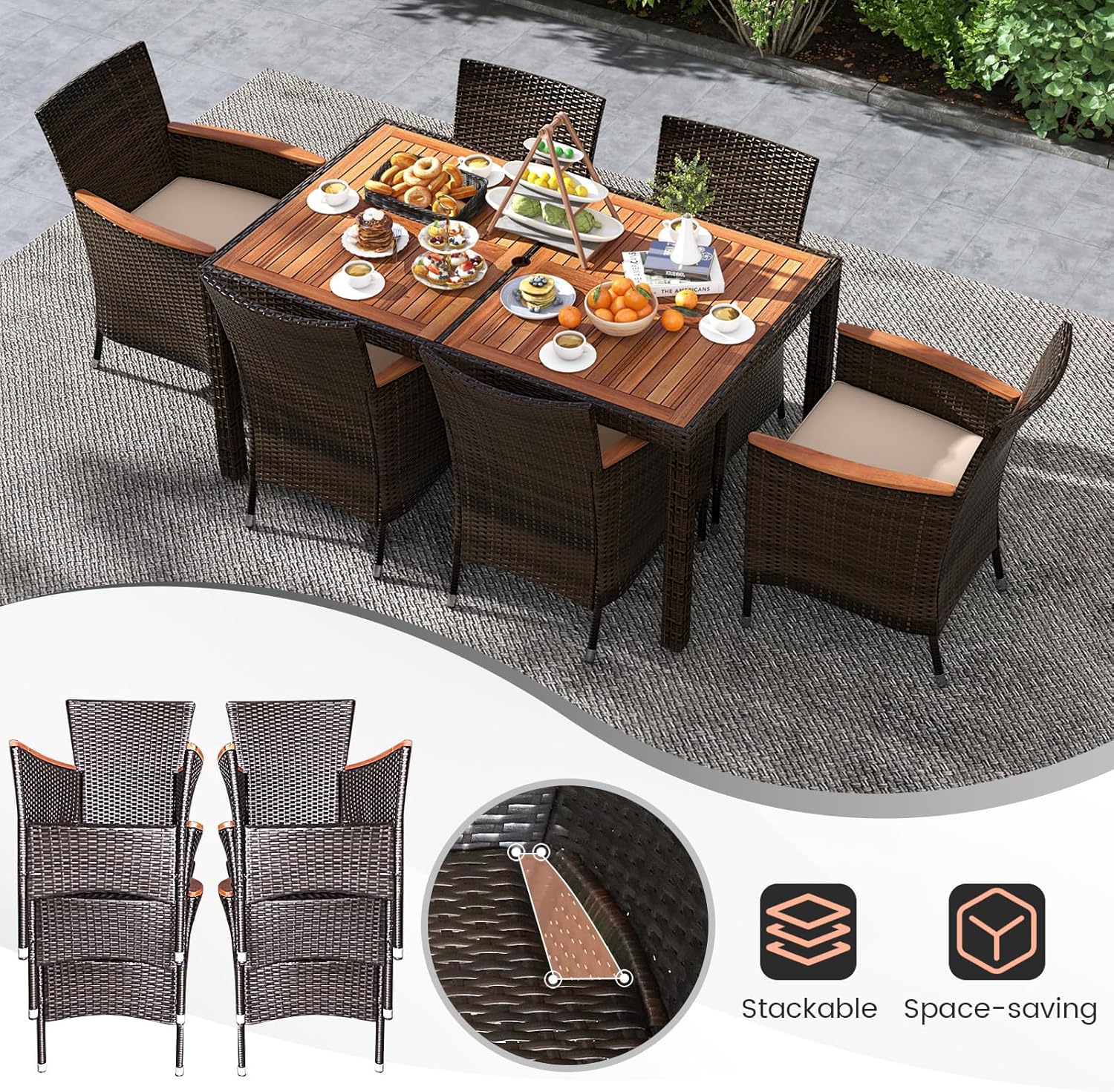 GIANTEX Salon de Jardin 6 Personnes en Rotin et Bois d'Acacia, Table de Jardin Extérieure avec 6 Chaises, Coussins, Trou de Parasol, Pieds Réglables, pour Cour, Pique-Nique, Marron