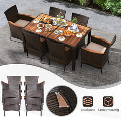 GIANTEX Salon de Jardin 6 Personnes en Rotin et Bois d'Acacia, Table de Jardin Extérieure avec 6 Chaises, Coussins, Trou de Parasol, Pieds Réglables, pour Cour, Pique-Nique, Marron