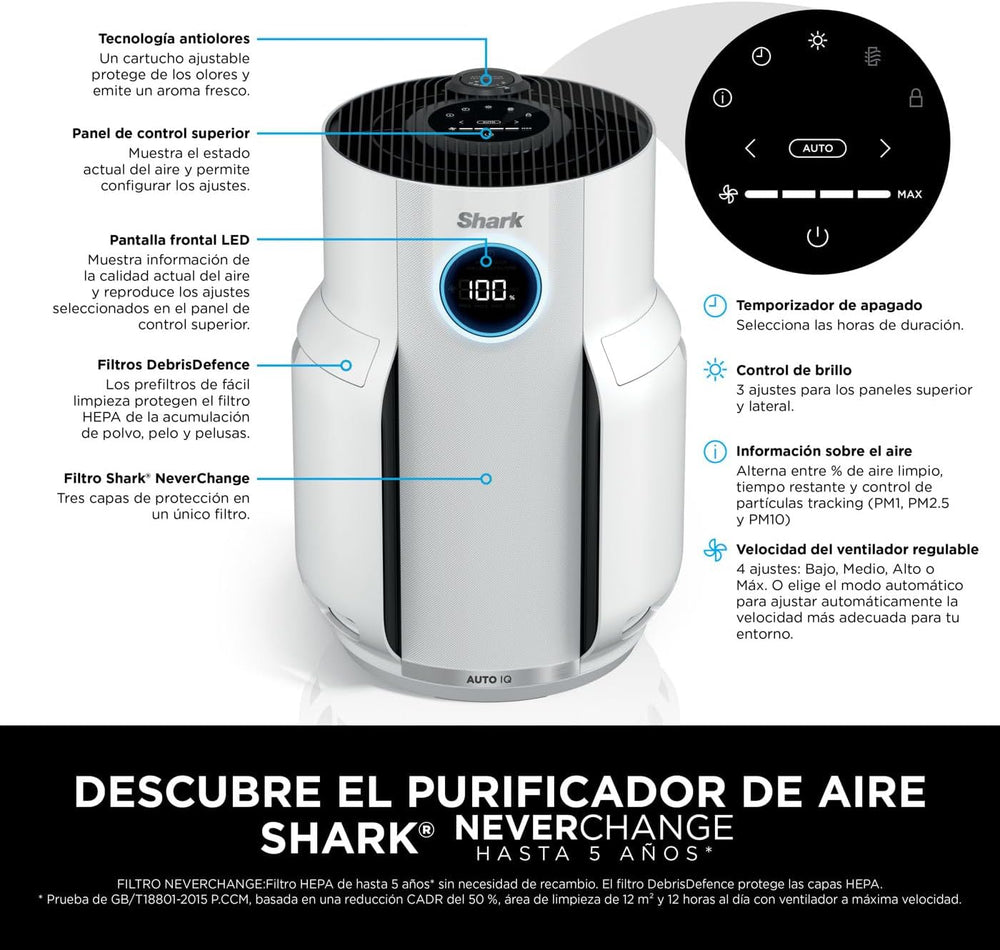 Shark NeverChange jusqu'à 5 ans Purificateur d'air MAX intérieur, Couvre 130m², Filtre HEPA 5 ans, Capture 99,97% allergènes, Mode automatique, Silencieux, LED, Blanc HP300EU